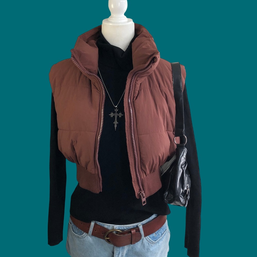 Zara Brown Cropped Puffer Vest High Funnel Neck Zip-Up Womens Size Medium Fall